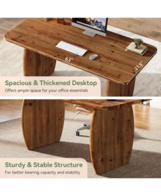 63-Inch Solid Wood Executive Desk, Large Office Computer Desk with Sturdy Wooden Legs, Farmhouse Writing Table