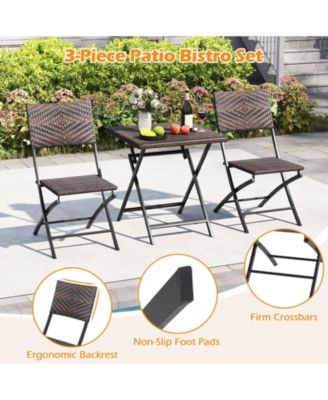 3 Piece Rattan Bistro Set Outdoor Folding Dining Table and Chairs with Wicker Seat