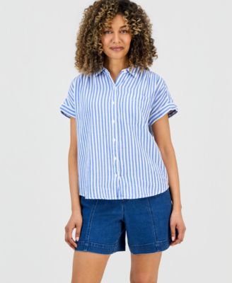 Petite Striped Button-Up Cotton Gauze Camp Shirt