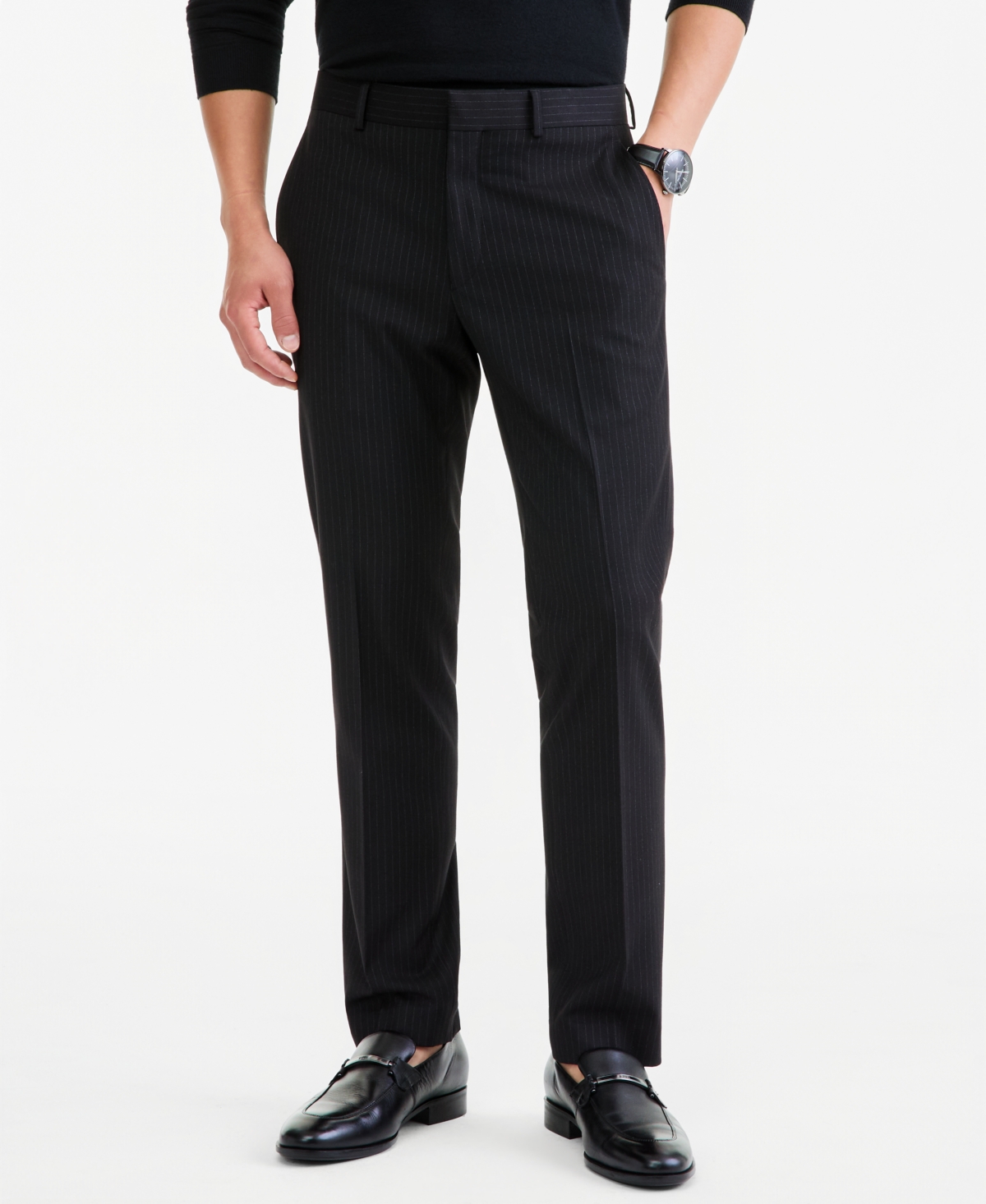 Kenneth Cole Reaction Men's Slim-Fit Black Pinstripe Techni-Cole Suit Separate Pants