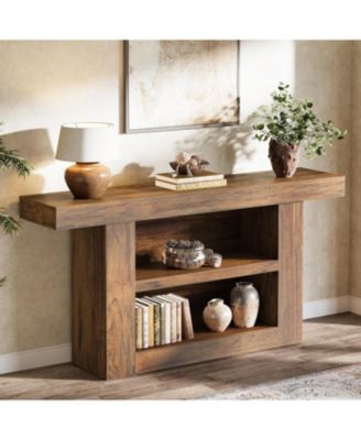 63-Inch Console Table with Storage, 3-Tier Farmhouse Entryway Table with U-Shaped Base, Wooden Sofa Furniture Behind The Couch