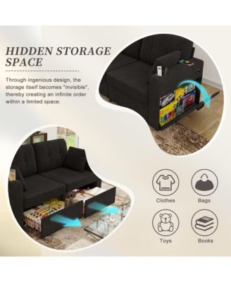 Modern 2-Seater Chenille Couch, 67 Inch Loveseat Sofa with USB Ports, Cup Holders, Storage and Solid Wood Frame for Living Room