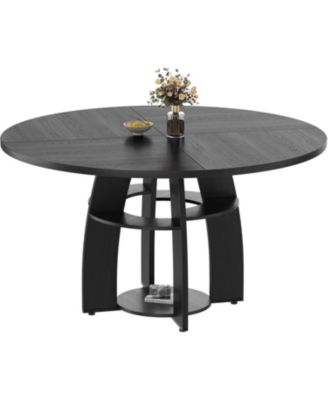 47" Modern Farmhouse Round Dining Table for 4-6, Wood Kitchen Table with Storage Shelf and Adjustable Feet, Easy Assembly for Dining Room.