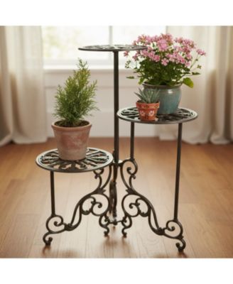 3 Tier Cast Iron Plant Stand Foldable Rustic Metal Shelf 24in Tall Indoor Outdoor Flower Pot Holder Display Rack