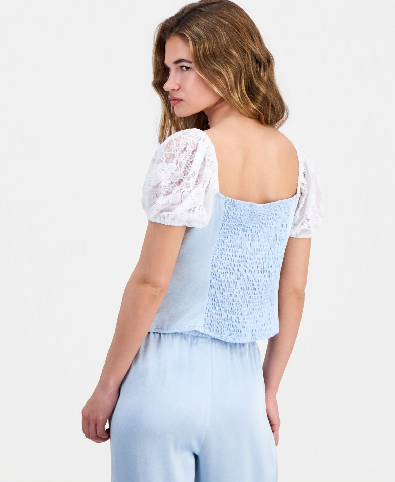 Petite Satin Lace Puff-Sleeve Top