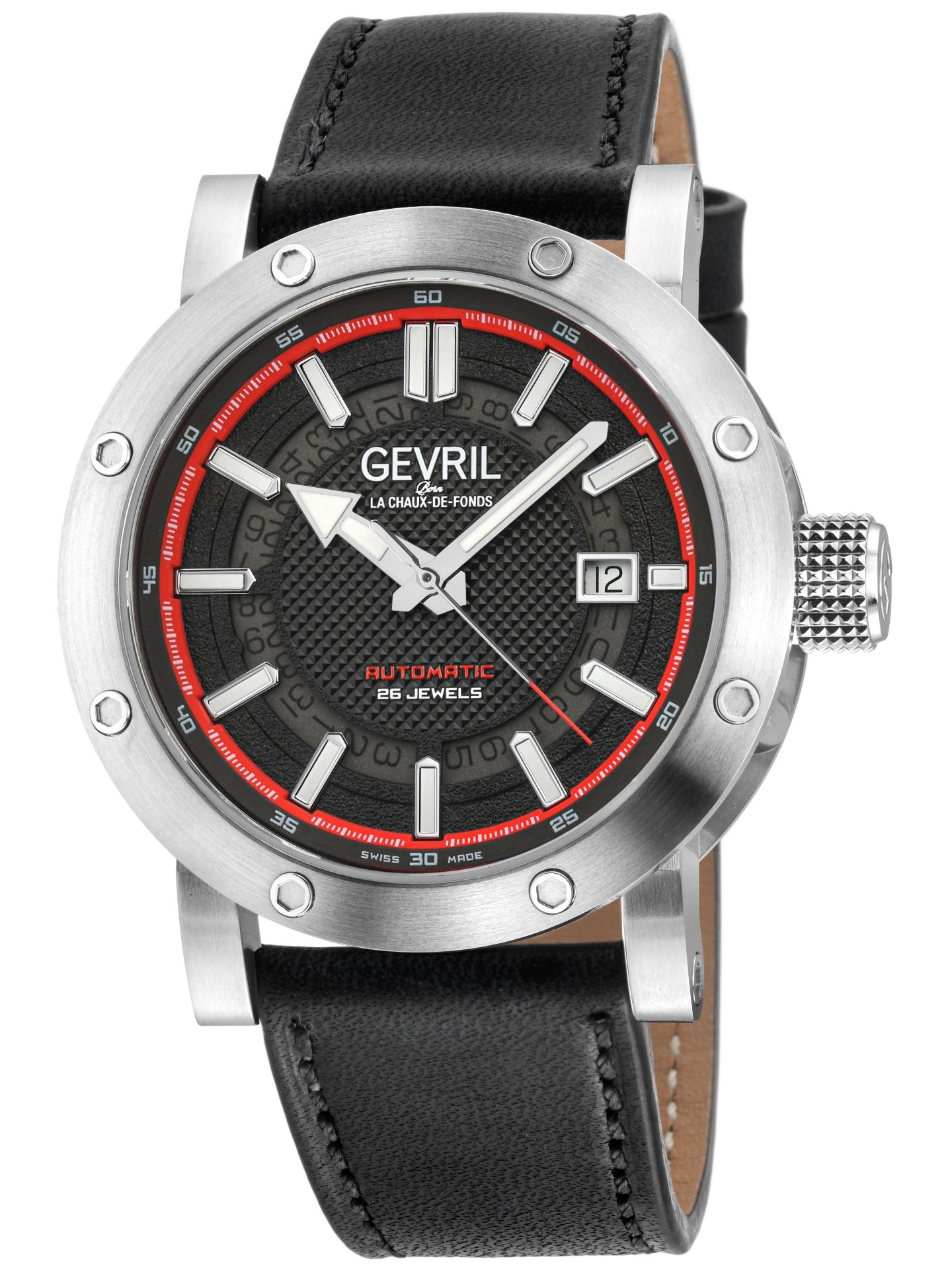 Мужские часы Gevril Flat Iron Swiss Automatic Black Leather Strap Watch, цвет: Серебряный — фото 1