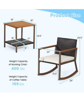 3PCS Patio Rattan Rocking Chair Bistro Set Armrest Cushion Table w/ Storage Shelf