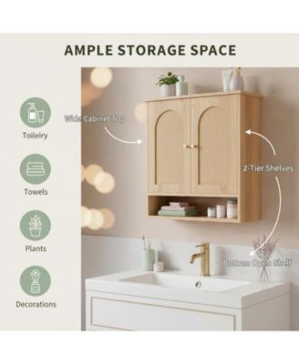 Bathroom Wall Cabinet with 2 Rattan Doors Open Shelf Heavy Duty Storage for Kitchen Living Room Entryway