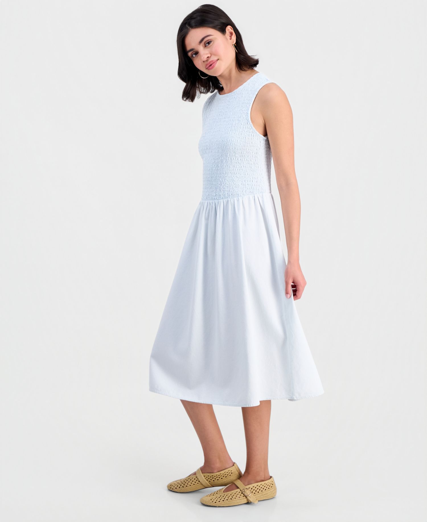 Petite Chambray Smocked Midi Dress
