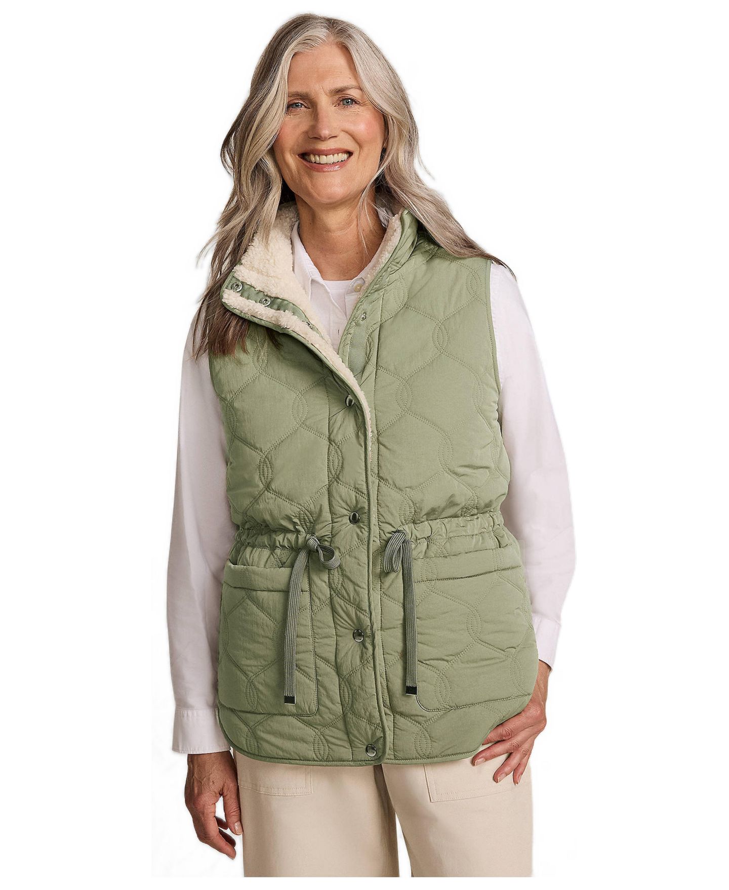 Женский жилет Lands' End Reversible Quilted High Pile Fleece Vest, цвет: Шалфейный зелёный / Натуральный — фото 2