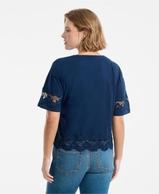 Plus Size Short Sleeve Slub Jersey Cutwork T-Shirt
