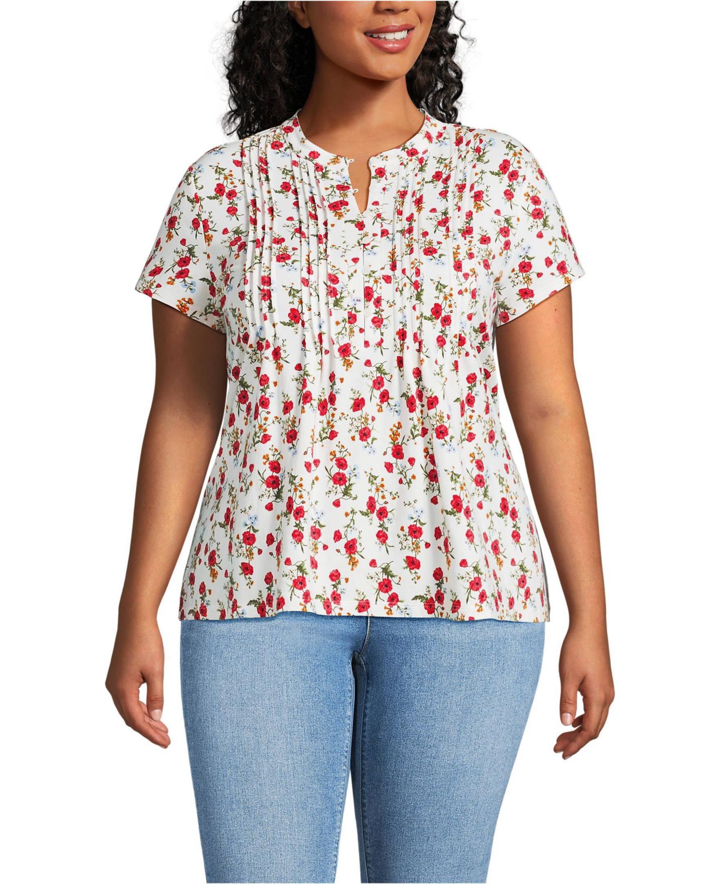 Женский топ Lands' End Plus Size Lightweight Jersey Button Pintuck, цвет: Слоновая кость маковый с принтом — фото 1