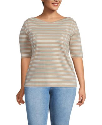 Plus Size Supima Cotton Elbow Sleeve Boatneck Button Shoulder Tee