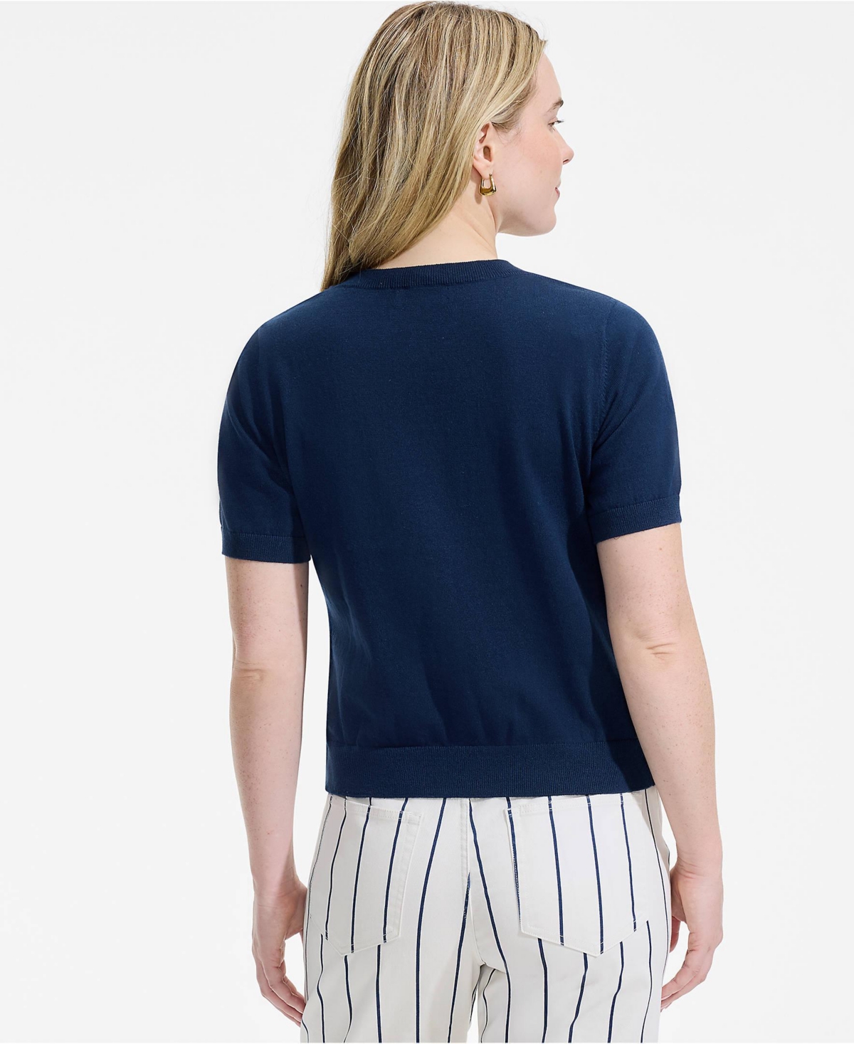 Lands' End Women's Cotton Short Sleeve Crew Neck Cardigan Sweater