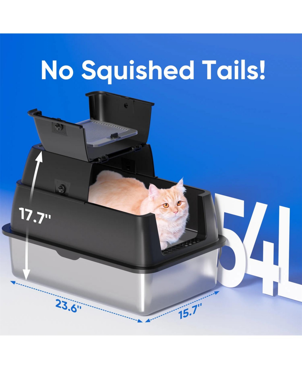 Zeus and Ruta Stainless Steel Cat Litter Box with Lid Xl 18 Inch Deep for Big Cats 180 Degree Flip Top Odor Free Anti Leak Scoop