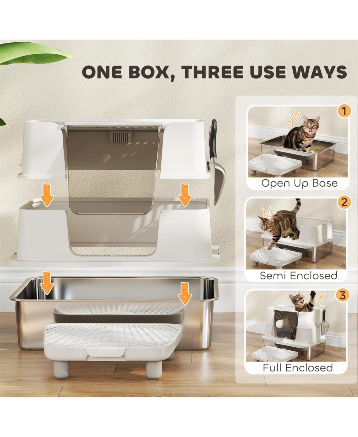Zeus and Ruta Xl Stainless Steel Litter Box 100D Flip Top Scoop Step TopSide Entry Enclosed Big Cat