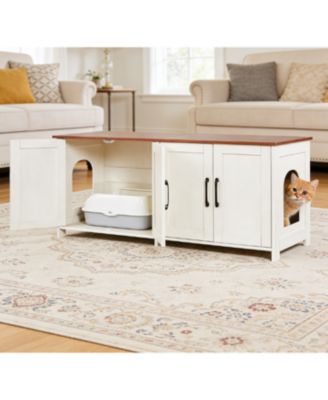 Zeus and Ruta Wooden Cat Litter Box Enclosure Cabinet With 4 Doors And 2 Entries Multi Cat Furniture