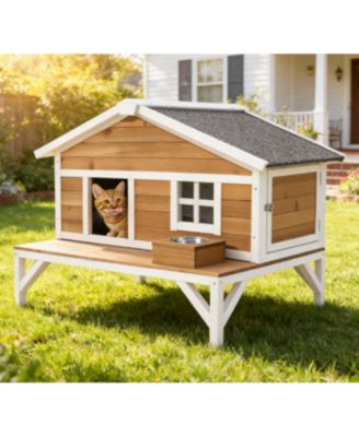 Zeus and Ruta Wooden Insulated Cat House Elevated Winter Shelter With Large Platform Waterproof Outdoor Condo
