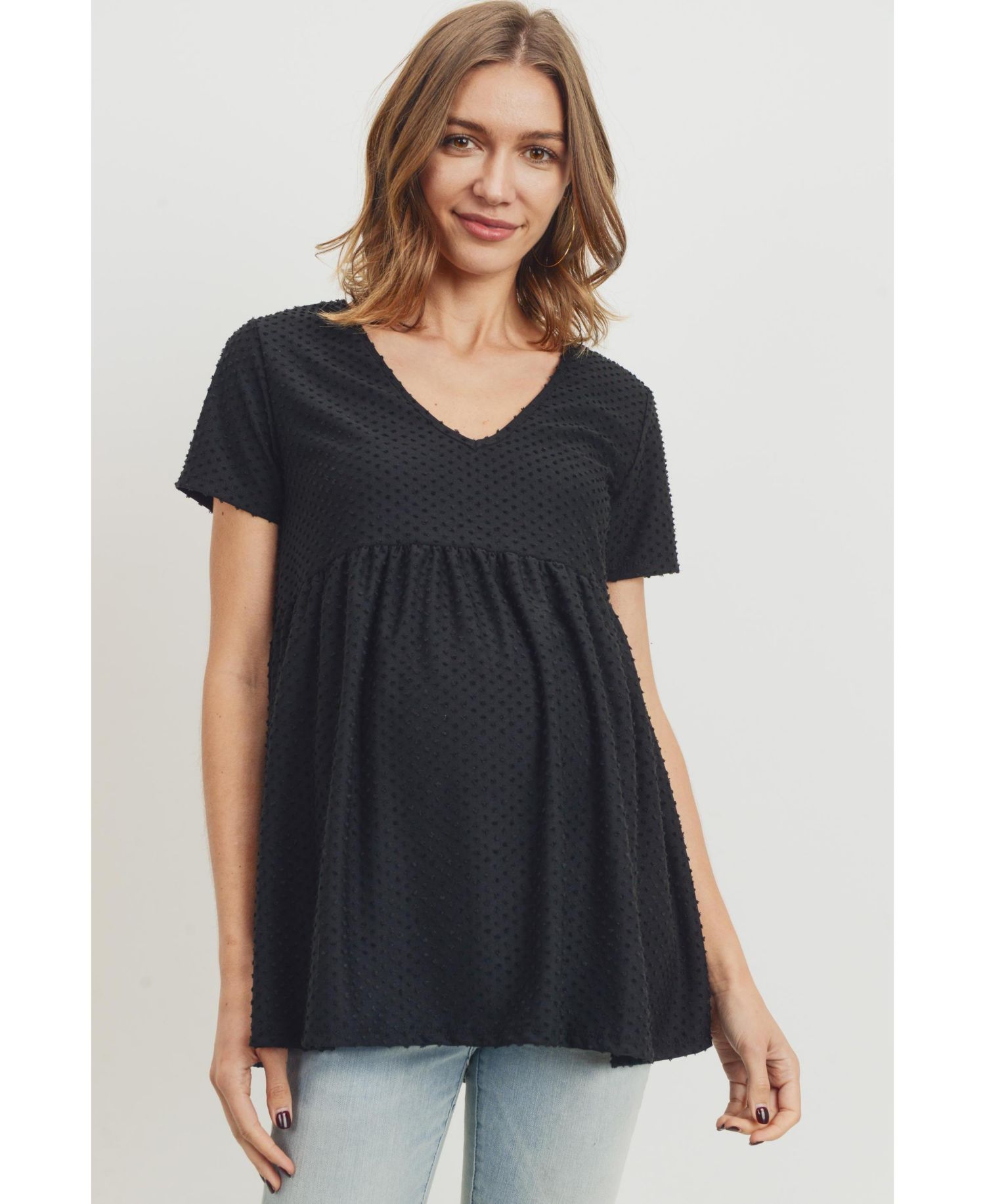Maternity Swiss Dot V-Neck Empire Waist Short Sleeve Top