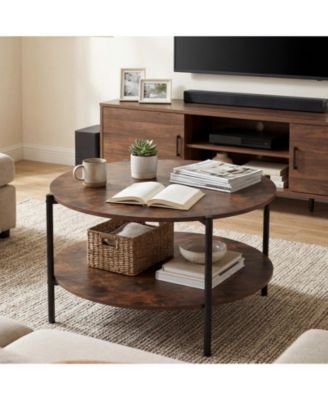 2-Tier Industrial Round Coffee Table, Accent Table with Open Storage Shelf-Rustic