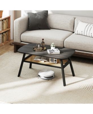 Rectangular Coffee Table 2 Tier Rattan Shelf Rubber Wood Legs