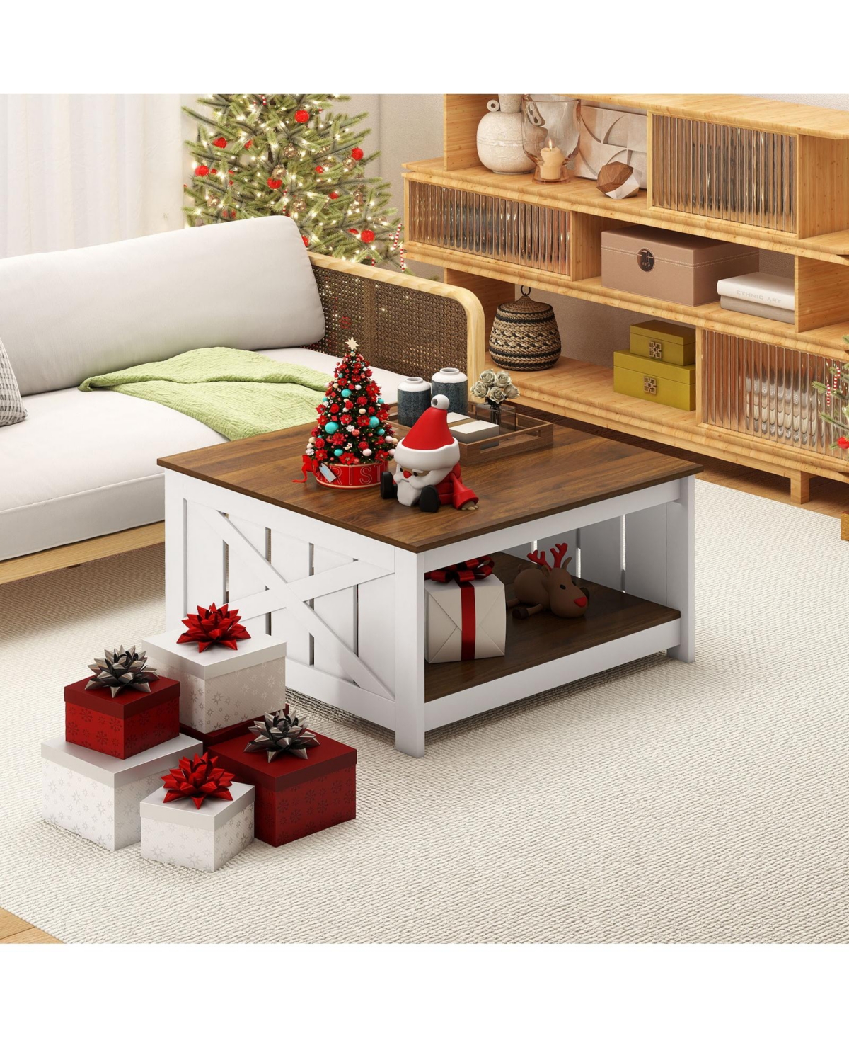 Slickblue Farmhouse Coffee Table Square with Storage Shelf