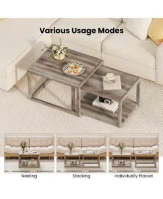 Set of 2 Stackable Rectangular Coffee Tables Nesting Grey