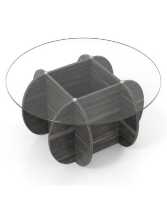 Round Coffee Table Tempered Glass Wood Base