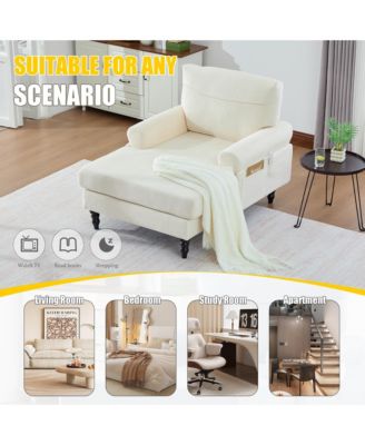Oversized Chaise Lounge Chair, Chenille Leisure Recliner Single Sofa with Wooden Legs and Side Pockets for Living Room, Bedroom