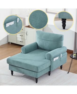 Extra Large Chenille Chaise Lounge, Modern Reclining Single Sofa with Wooden Legs and Side Pockets for Living Room, Bedroom