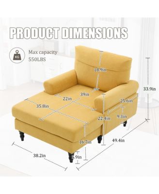 Comfortable Chenille Chaise Lounge Chair, Oversized Leisure Recliner Single Sofa with Wood Legs and Side Storage Pockets for Home Use