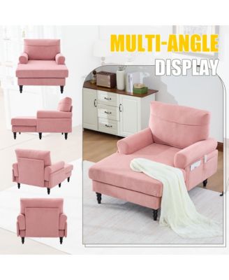 Large Chenille Leisure Recliner Chaise Lounge, Stylish Single Sofa Chair with Wooden Legs and Side Pockets for Living Room, Bedroom