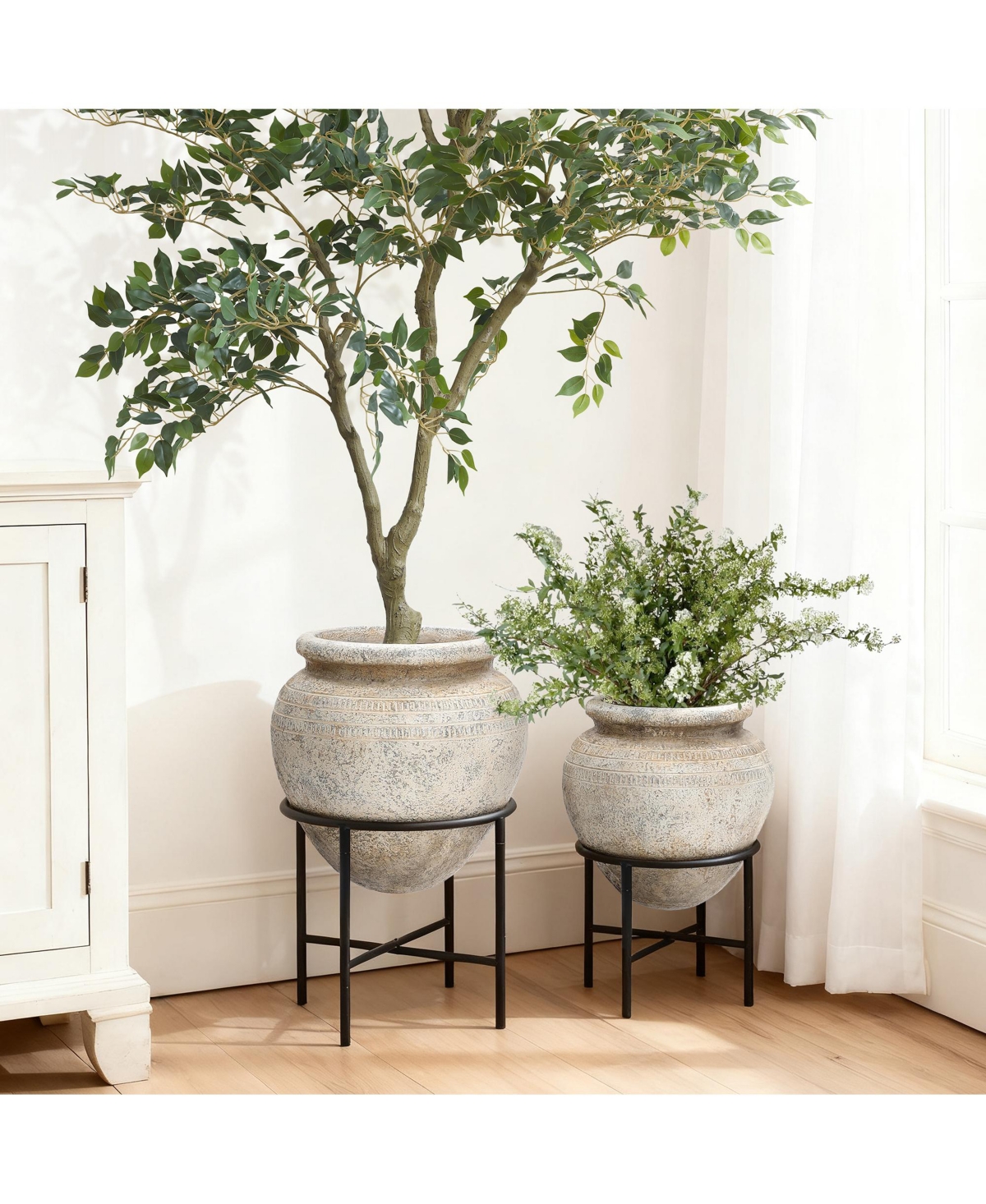 LuxenHome Dia Large Planters for Indoor Plants, Indoor Plant Pots with Stand, Distressed Cachepot for Living Rooms, Entryway, Office