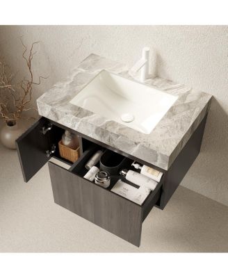 Italian Wall Mounted Bathroom Vanity with Sintered Stone Top, Ceramic Undermount Sink, Soft Close Drawer Storage