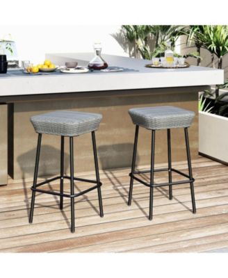 29.5'' Metal Bar Height Stools Set of 2 w/ Rattan Seat and Footrest for Backyard