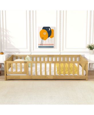Twin Size Floor Bed with Fence and Door,Rubber Wood Floor Bed with Safety Guardrails