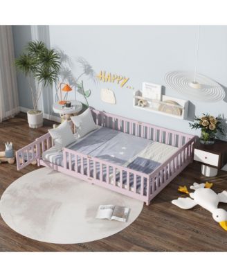 Full Size Floor Bed with Fence and Door,Rubber Wood Floor Bed with Safety Guardrails