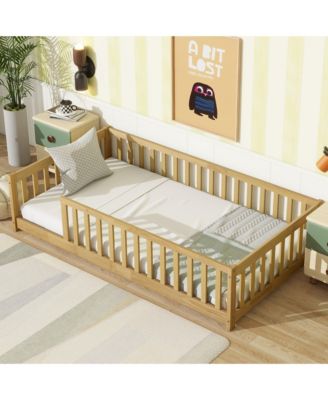 Twin Size Floor Bed with Fence without Door, Rubber Wood Floor Bed with Safety Guardrails
