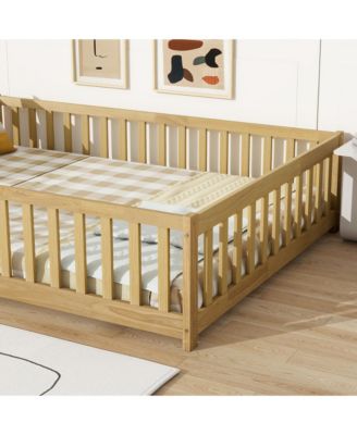 Full Size Floor Bed with Fence and Door,Rubber Wood Floor Bed with Safety Guardrails
