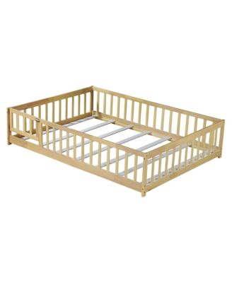 Full Size Floor Bed with Fence and Door,Rubber Wood Floor Bed with Safety Guardrails