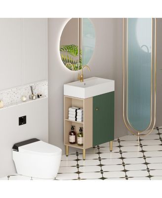  Small Bathroom Vanity with Ceramic Sink, Modern Wood Base, Soft Close Door and Open Shelves for Compact Spaces