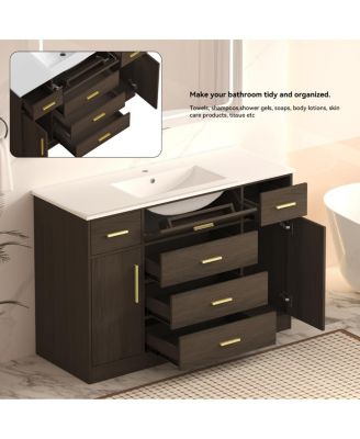 48" Light Oak Bathroom Vanity with Resin Top, 6 Drawers and 2 Soft Close Doors, Transitional Storage for Modern Bathroom