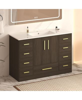 Bathroom Vanity with Resin Sink, Soft Close Doors, 9 Storage Drawers and MDF Cabinet, Transitional Modern Design