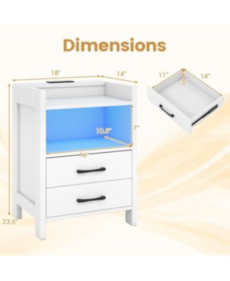 Nightstand w/ LED Lights and Charging Station 23.5'' Smart Bedside Table w/ Drawer and Open Storage Shelf