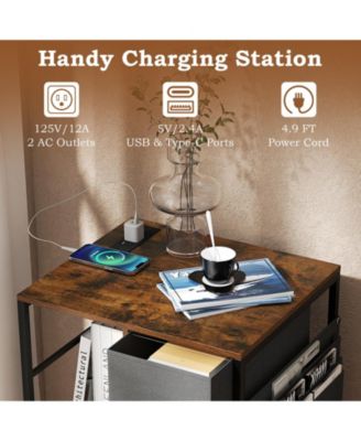 Nightstand 3-Tier Storage End Table Bedside Table with Charging Station and Shelf