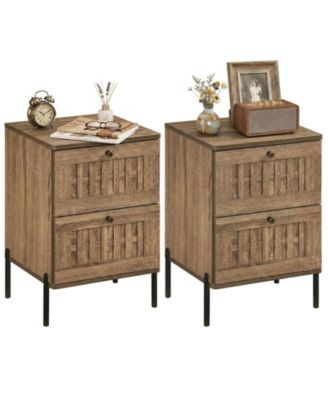 2PCS-Nightstand w/2 Woven Storage DrawersMetal Support LegsBedroomRustic Oak