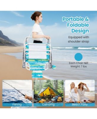 Folding Beach Chair Set of 2 with 5-Position Recline and Head Pillow