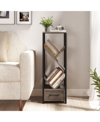 4-Tier Floor Tree Bookshelf with Drawer and Metal Frame