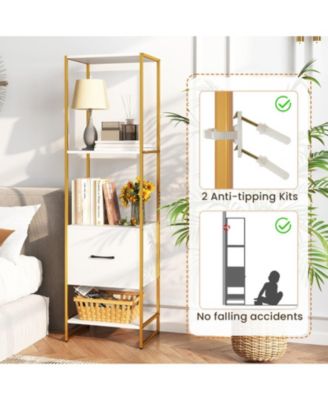 5-Tier Narrow Bookcase with Storage Drawer and Metal Frame