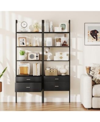 6-Tier Ladder Bookcase with 2 Drawers and Metal Frame